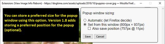 If you prefer a specific size or position for the popup window, click the arrow to store the current window size (and optionally, position) for future use.