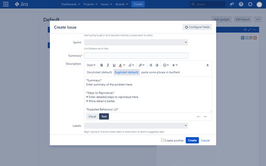 inserting template in JIRA