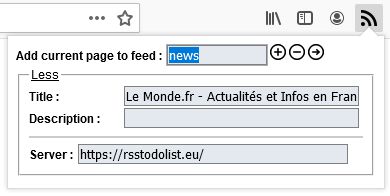 Clicking on 'more' allows you to set optins like the title, the description or add you custom rsstodolist server.