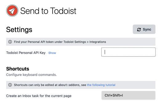 Settings page to configure the API token to connect to Todoist, sync project changes, and view keyboard shortcuts.