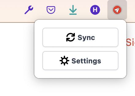 Extension popup with a link to the settings page and quick access to sync project changes.