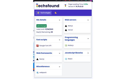 It identifies different web technologies, Page Loading time, SSL Details, Website IP Address, List cookies, Wordpress plugins and themes.