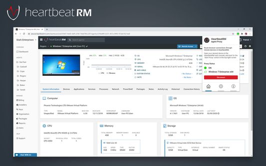 HeartbeatRM agent detail screen, with Proxy Extension overlay visible.
