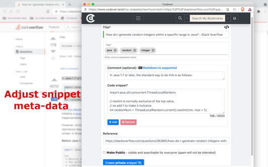 Enter snippet meta-data
