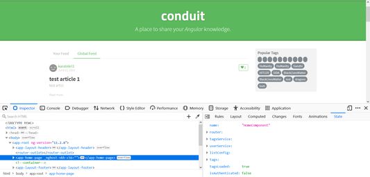 Page overview with open devtools on "State" panel tab.
Angular component is selected