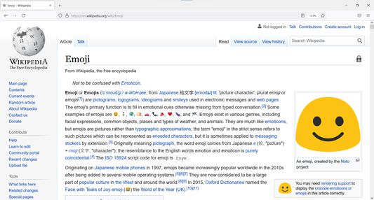 Wikipedia page for "Emoji" with twemoji being used
