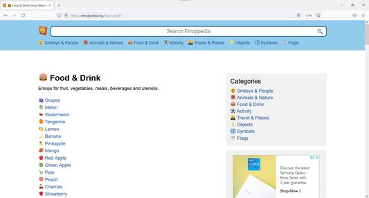 Emojipedia page for "Food & Drink" category with twemoji being used