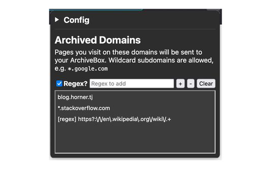 The extension settings, where you can add domains or regexes to automatically be archived.