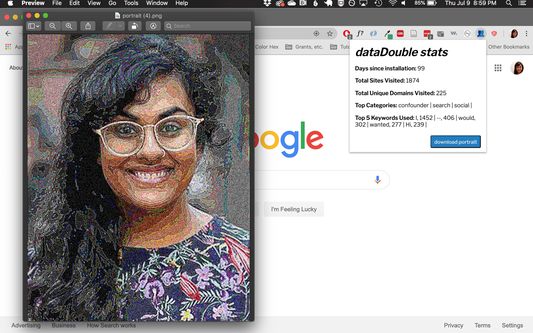 The dataDouble extension running in the browser, with a generated portrait next to it.