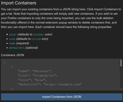 Import your containers via JSON for power users.