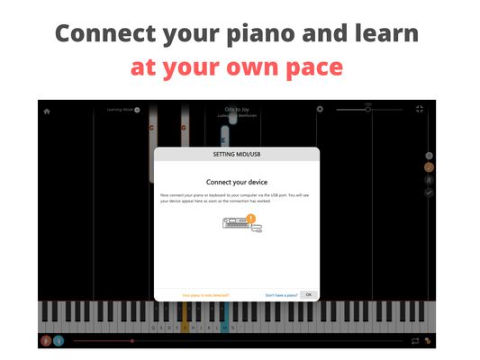 Connect your piano to your device and learn at your own pace