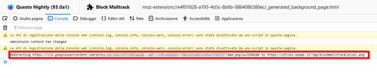 Dalla console noterai che il pixel verrà rediretto verso un'immagine ospitata sul server di NoAds, non tracciata in alcun modo.