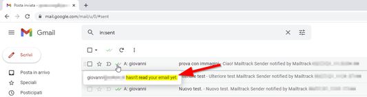 L'email inviata risulterà non letta (nella casella di posta del mittente che ha utilizzato il servizio di Mailtrack.io).