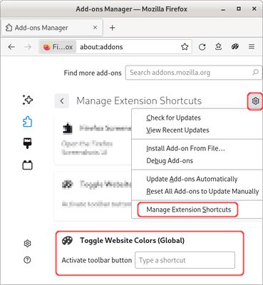 You can define a keyboard shortcut to toggle the global website color setting using the Firefox built in shortcut assignment feature.