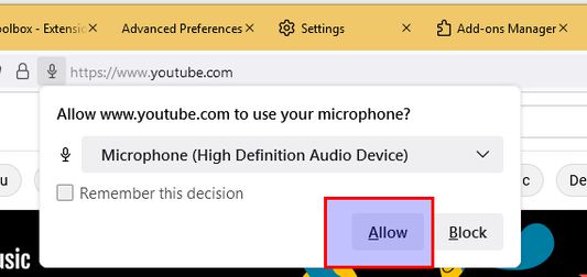 Whenever asked for new tabs with audio/video elements, please allow microphone when asked. This is also required for add-on's options. After allowed for new tab this will not be asked again for that tab. This is firefox limitation for now, otherwise there is no way to change output devices.