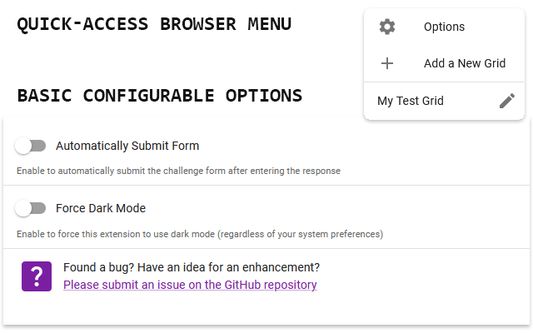 Screenshots showing options UI and browser action menu.