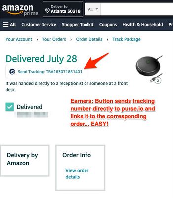 Earners get a button on Amazon tracking pages that scrapes the tracking number from the page, and sends it to purse while linking it to the correct order.  just a single click and your order now has tracking.