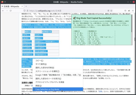 Copy article along with table containing wide-characters (Japanese) in web page as Org-mode, with preview in notification popup.