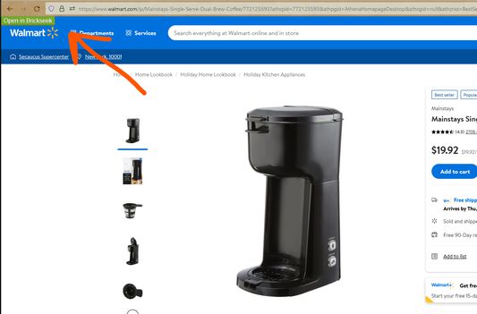 Shows the "Open in Brickseek" button on an example Walmart product page