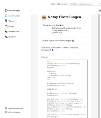 Notoy options page in german