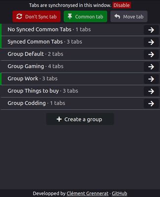 List of groups (main pane of the add-on popup).