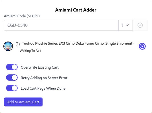 Screenshot of app interface showing one item in ghost cart waiting to be added to Amiami cart