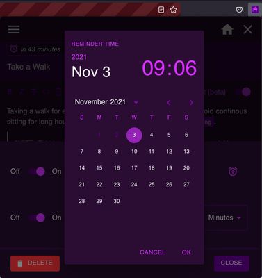 Screen for picking date for reminders