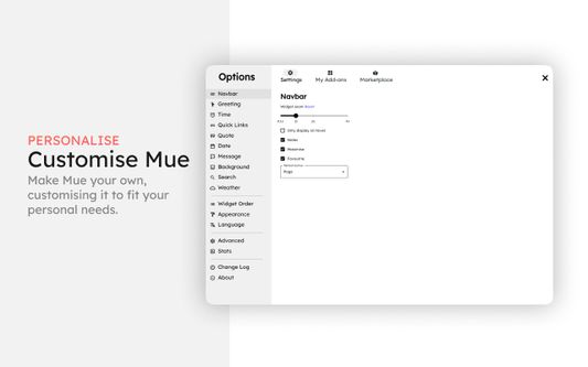 The settings modal showing some of the customization for Mue