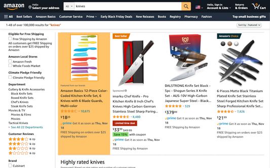 A search for "knives" with the extension highlighting Amazon branded products orange.