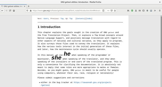 GNU manual gettext highlights the gendered pronouns he and she.