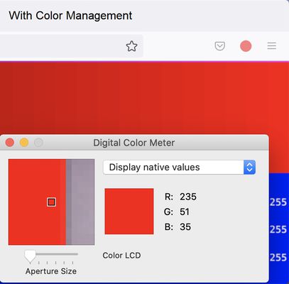 With Color Management, the color red does not match what is in the image.