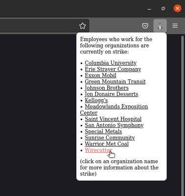 A screenshot of a list of active strikes, each with a link to more information, that can be accessed by clicking the extension's icon in your browser's toolbar.