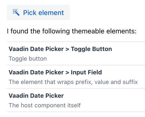 The extension provides several suggestions for themable elements after picking an element