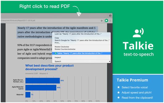 Talkie can read PDFs by selecting text and right-clicking