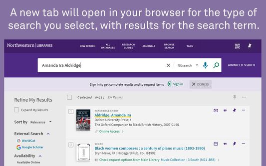 A new tab will open in your browser for the type of search you select, with results for the search term.
