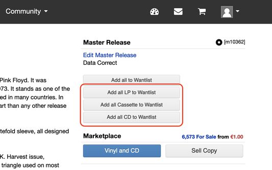 The added buttons by this add-on in the Master Release section on Discogs.