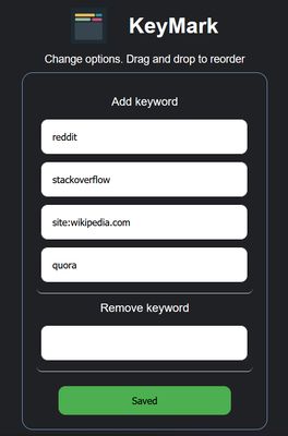 Change or drop keyworks on clicking the extension icon on toolbar.