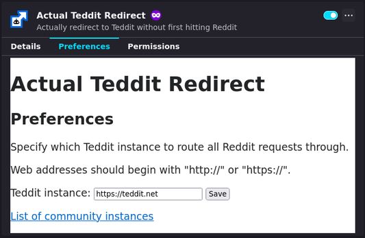 Specify in the preferences which Teddit instance to route all Reddit requests through.