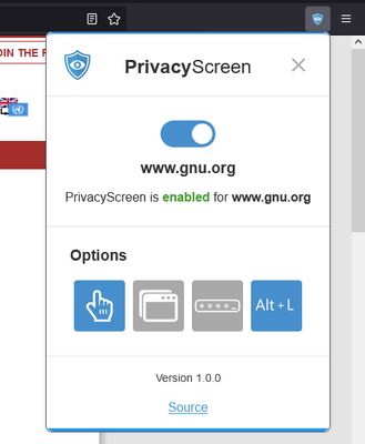 PrivacyScreen's options popup menu. The popup menu includes the ability to turn the extension on or off on a website-by-website basis, as well as configure various options.