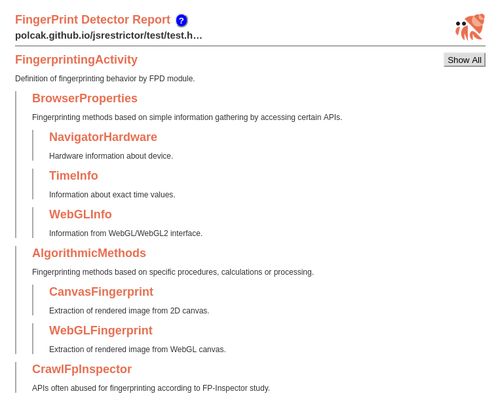 You can see a report on fingerprinting activities by the page