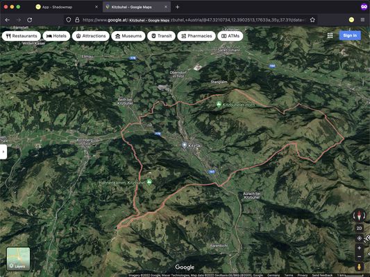 Kitzbühl, Austria, in Google Maps. Click on right-top Shadowmap icon to open location in Shadowmap.