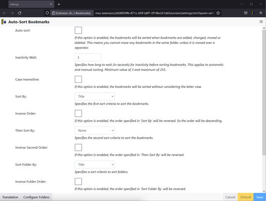 Settings for Auto-Sort Bookmarks