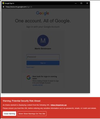 In the above screenshot, a phishing website has embedded an iframe element within a div that has been styled to look like an actual browser window (with a fake URL bar claiming to be from accounts.google.com).

This extension has detected the iframe and presented a security warning, highlighting the actual phishing domain.