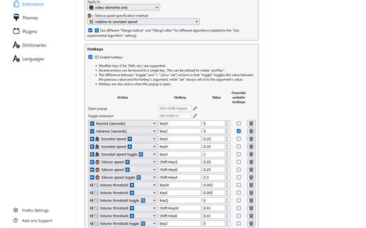 Extension's options page with many options, including hotkeys.