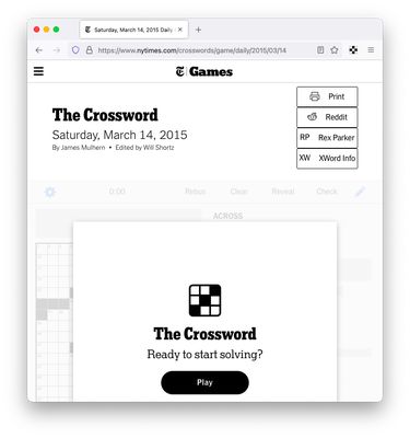 The blog buttons for Reddit, Rex Parker, and XWord Info link directly to the blog post for the date of the puzzle (3/14/2015)