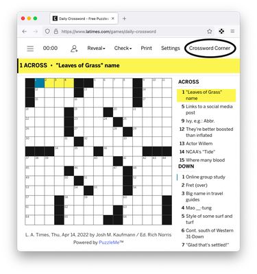 The "Crossword Corner" button links directly to the Crossword Corner blog for the date of the puzzle (4/14/2022)