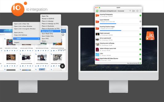 The 'Sync To IO Drive' Extension works alongside the IO Drive client app (IOAPP). IOAPP manages the synchronization of single files or whole project folders from the DAM to your local sync folder and monitors the local sync folder to automatically push edits back to the DAM with full version control.