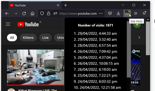 Clicking on the button shows the dates of the last 50 visits