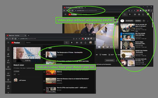 Click on a video from your Watch Later list. Video plays without autoplaying playlist.