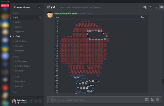 Discord's appearance modified
Plugins:
- Cumsock: Theme loader
- Codeblocks plus: modifies codeblocks' look
Themes:
- DTM-16
- Server-list blur snippet by S'aint